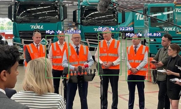 Anthony Albanese speaking to the media at a Toll warehouse, annotated by an object recognition model