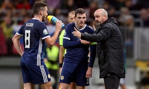 Steve Clarke instructs John McGinn and Andrew Robertson during Scotland’s Euro 2020 qualifier in Russia.