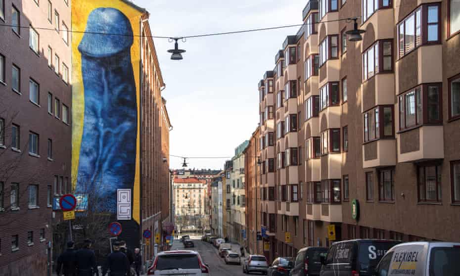 Giant phallus painting on side of building, Stockholm, Sweden