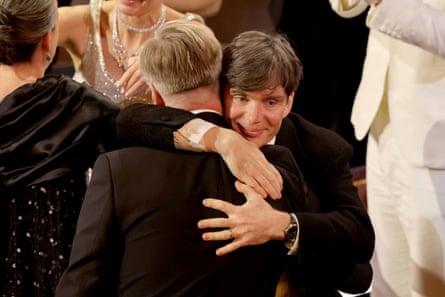 Christopher Nolan and Cillian Murphy hug after Oppenheimer wins best picture