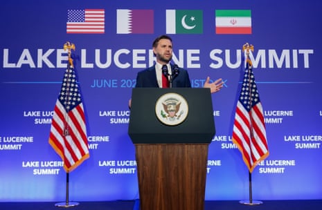 JD Vance speaks to members of the media in Bürgenstock, Switzerland, before boarding Air Force Two to head back to the US.