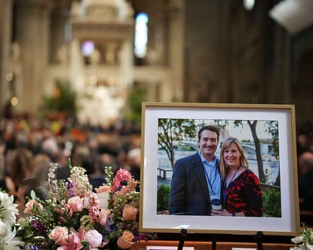 A photo of Mark and Melissa Hortman inside the sanctuary at the Basilica of Saint Mary during funeral services for the couple last year.