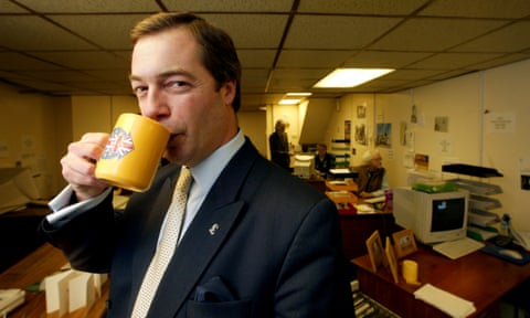Nigel Farage drinking a mug of tea at the Ukip telephone call centre in Ashford, Kent, in 2004
