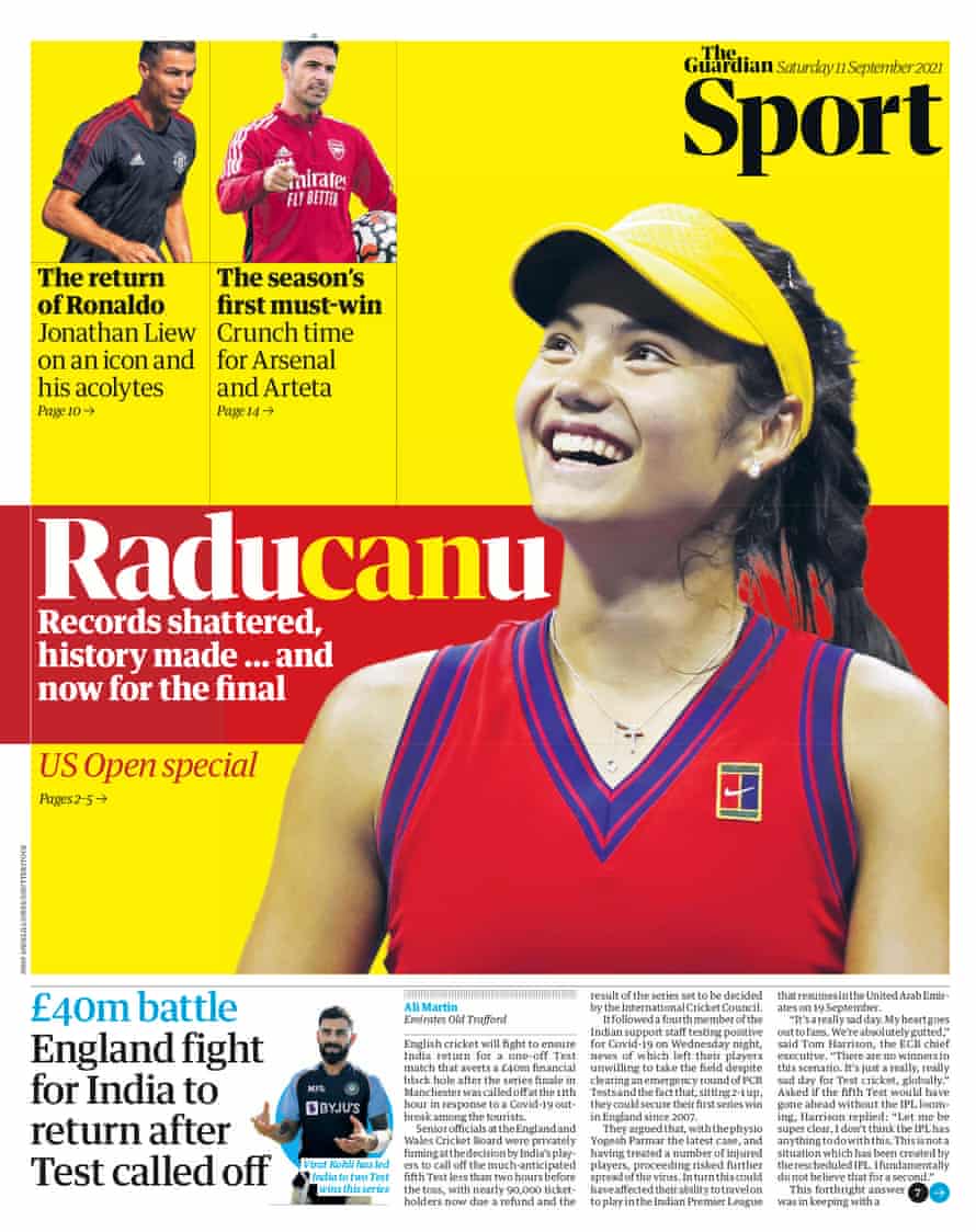 Guardian Sport’s front page, featuring Ali Martin’s story on the cancellation of the England v India fifth Test.