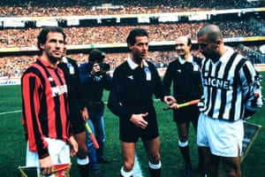 Gianluca Vialli lines up against Franco Baresi of AC Milan during his first season at Juventus following his world record transfer from Sampdoria in 1992