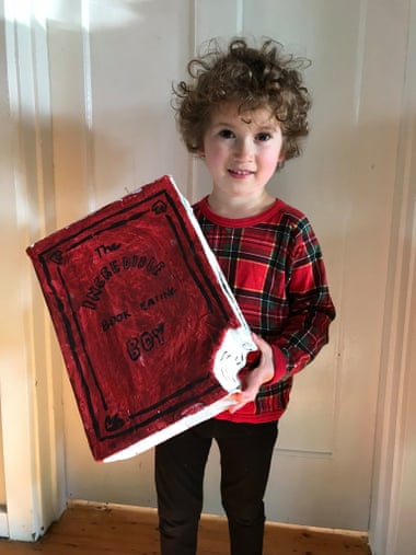 Georgia Wilkins' son Louie uses a rectangular prism to create a partially eaten book, scrolling as 