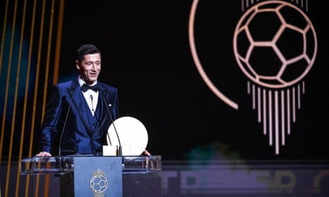 Bayern Munich’s Robert Lewandowski delivers a speech after being awarded the Striker of the Year award.