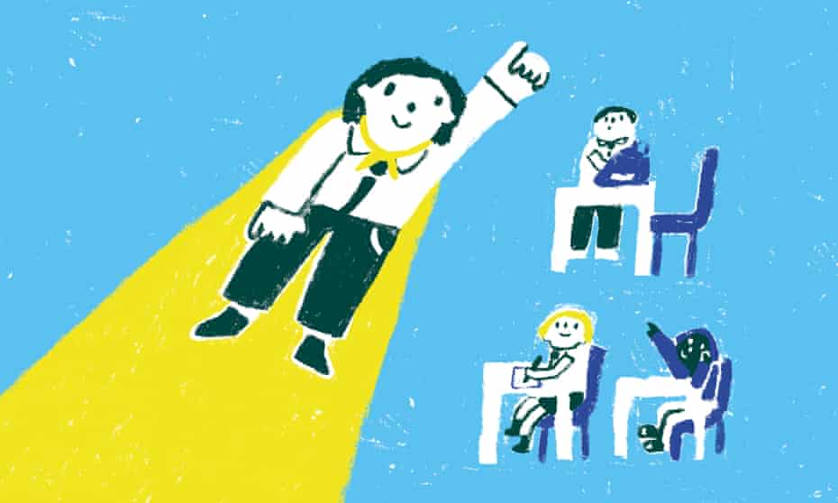 Illustration of a child in cape soaring above their classmates