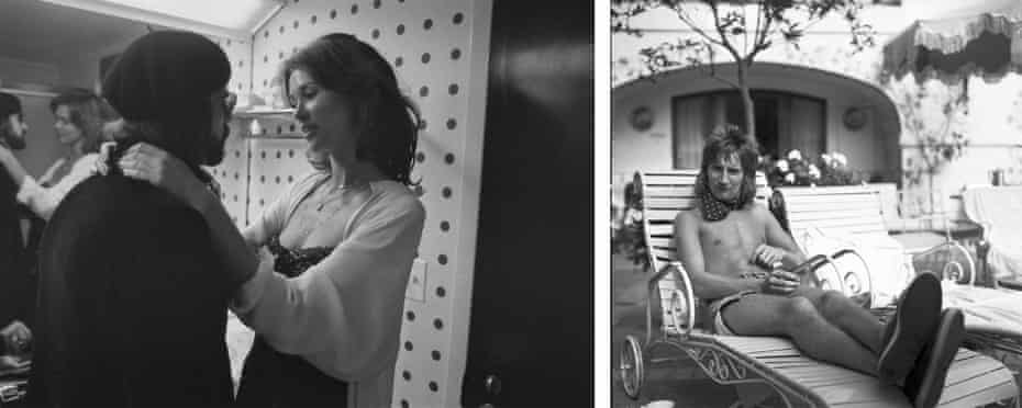 Left: Black and white image of woman resting hands on man’s shoulders Right: Man lounging in a pool chair outdoors