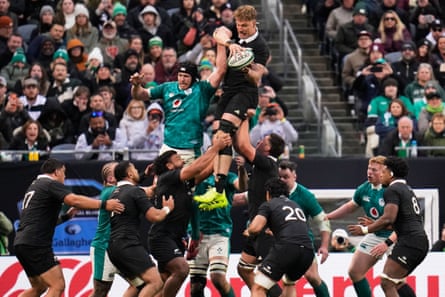 New Zealand’s Fabian Holland wins a lineout during the rugby international against Ireland.