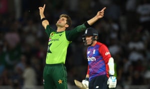 Shah Afridi celebrates after taking the wicket of Matt Parkinson to win the match.