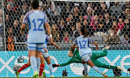 Spain’s Alba Redondo puts the ball past Switzerland’s goalkeeper Gaelle Thalmann to score her team’s second goal in the Women’s World Cup clash at Eden Park.