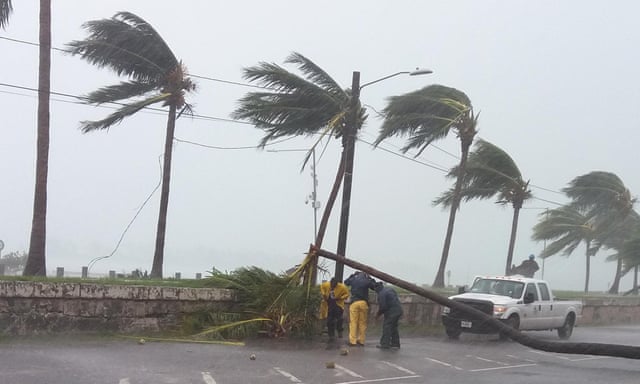 Maintainance workers try to remove a tree from a road in Nassau, New Providence island in the Bahamas.