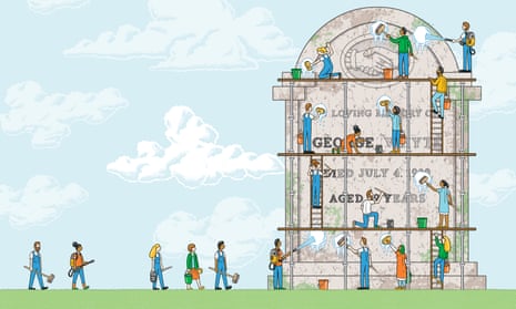 Illustration of lots of little people with cleaning equipment cleaning a large tombstone