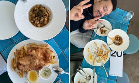 Composite image showing before and after shot of pasta with ragu, and a plate of fish and chips.