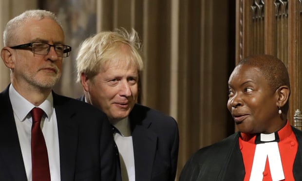 Parliamentary chaplain, Rose Hudson-Wilkin, with Jeremy Corbyn and Boris Johnson.