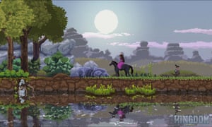 a moonlit scene from kingdom new lands with a princess on horseback by a riverbank
