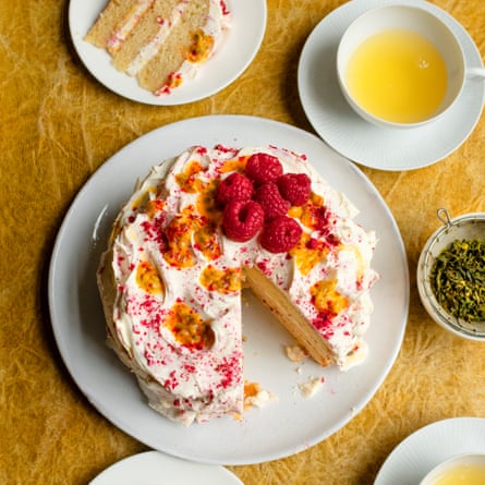 For afternoon tea: raspberry, orange curd and passion fruit cake.