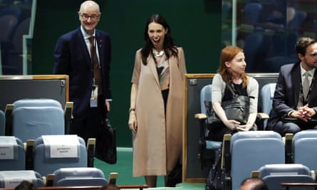 Jacinda Ardern reacts as she sees her baby Neve at the UN