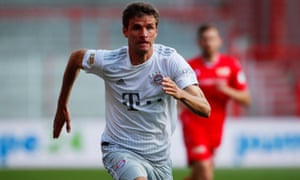 Thomas Müller in action during Bayern Munich’s Bundesliga return, the 2-0 win at Union Berlin on Sunday.