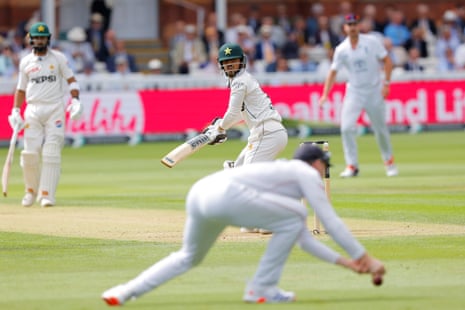 England's Harry Brook drops a catch from the batting of Pakistan's Azan Awais.