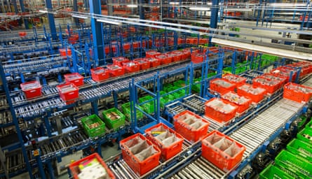Conveyor belts at Ocado's customer fulfilment centre in Hatfield