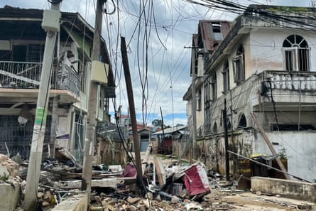 This photo taken on August 10, 2024 shows destroyed and damaged buildings in Lashio in Myanmar’s northern Shan State, following fighting between Myanmar’s military and Myanmar National Democratic Alliance Army (MNDAA) in the region.