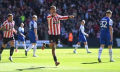 Iliman Ndiaye celebrates scoring Sheffield United’s winner against Wigan in the Championship on 7 April 2023.