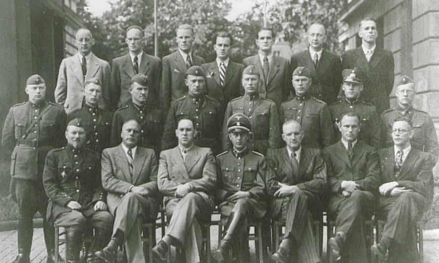 Members of the Arājs Kommando unit during training in Germany. The leader, Viktors Arājs, is pictured on the bottom row, second from the right. The author’s grandfather, Boris Kinstler, is in the centre of the top row.
