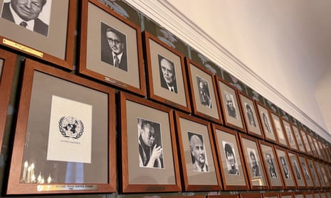 Portraits of Nobel peace prize laureates, including of Henry Kissinger, top second left, at the Norwegian Nobel Institute in Oslo.