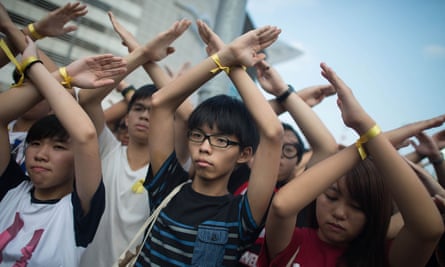 Joshua Wong (centre) leading pro-democracy protests in Hong Kong in October 2014.