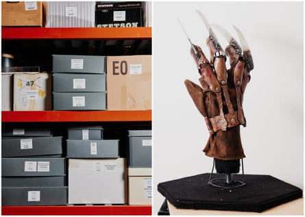 A split of image of boxes on shelves and a glove from the Freddy Kreuger movie