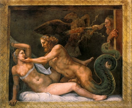 The god Jupiter seduces Olympias in a painting from the 16th century, with a gold frame.