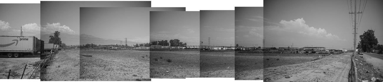 Trucks idle next to a farmland with cattle in Ontario, California, in a series of pictures laid on top of each other