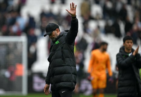 Jürgen Klopp waves to the LIverpool fans after their 2-2 draw with West Ham.