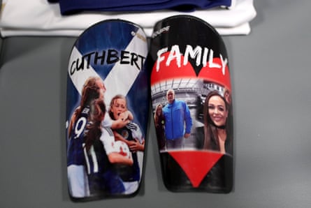 The shin pads of Erin Cuthbert of Scotland are seen in the dressing room prior to a group D match between England and Scotland at Stade de Nice.