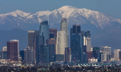 Snow seen on the San Gabriel mountains beyond Los Angeles last month