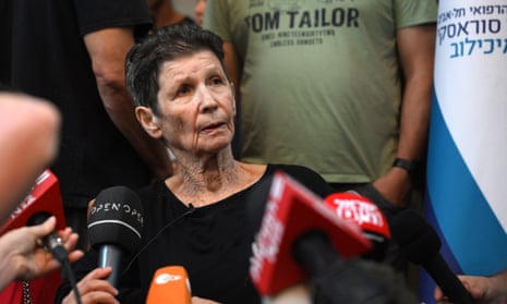 Yocheved Lifshitz speaks to the media outside Ichilov Hospital after she was released by Hamas last night, on 24 October 2023 in Tel Aviv, Israel.