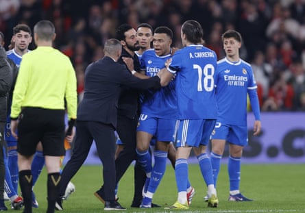 Kylian Mbappé on the pitch during the break in play between Benfica and Real Madrid.