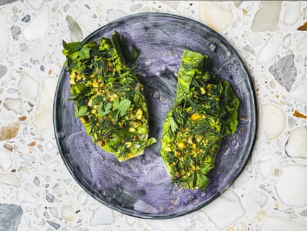 Tom Hunt’s green mayo on outer lettuce leaves, served on a rustic blue plate
