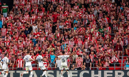 Jude Bellingham celebrates in front of Athletic Bilbao fans after scoring the second goal in Real’s 2-0 victory.
