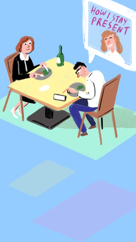 Illustration of man and woman at dinner and he is checking his phone