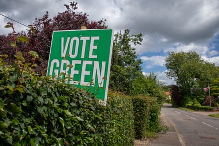 A Green party campaign sign sticking out of a hedge
