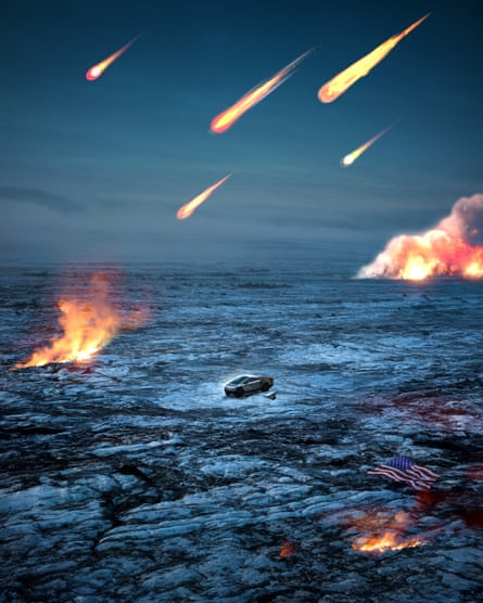 a cybertruck with its door fallen off sits in a barren wasteland, as meteors strike the earth