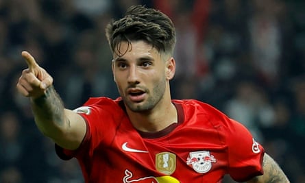 Dominik Szoboszlai celebrates after scoring for RB Leipzig