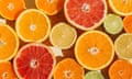 Pattern of slices citrus-fruit of Lemons, oranges, grapefruit, lime on beige background. Healthy food, diet and detox concept. Flat lay, top view