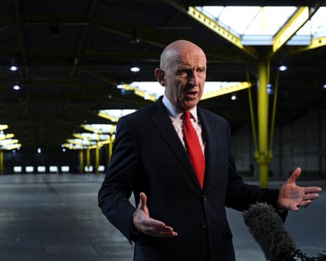 British defence secretary John Healey is interviewed as he tours a new military drone production facility operated by Tekever in Swindon, Britain.