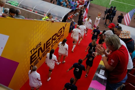 The two teams come out for kick-off during the Women’s Rugby World Cup 2025 group game between England and USA at the Stadium Of Light.