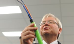 Prime Minister Kevin Rudd looks at a fibre optic cable as he visits Corning Cable Systems, a network system supplier for NBN Co, in Clayton, Wednesday, Sep. 4, 2013. Australian voters will head to the polls on September 7. (AAP Image/Lukas Coch) NO ARCHIVING