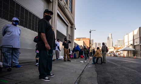Homeless people waiting to receive food and basic necessities in Los Angeles, California. 